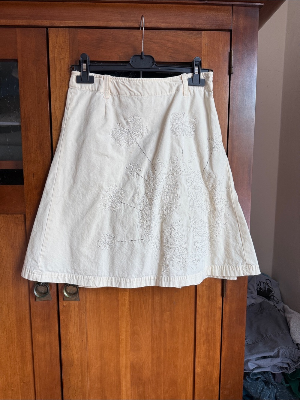 Oilily Cream A-Line Skirt with Tonal Floral Embroidery